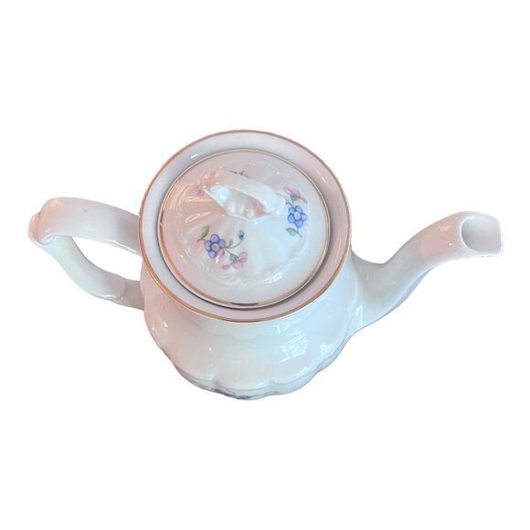 Walbrzych Poland Teapot White Pink Blue Flowers Vines Ribbed - Picture 4 of 9